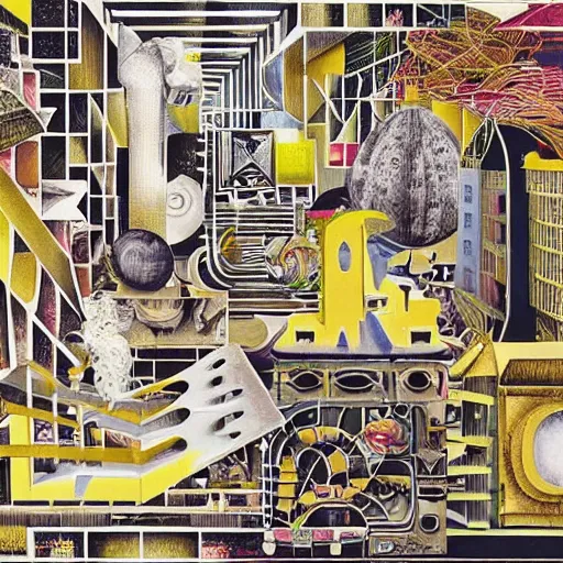 Prompt: pic mural of technological change through history by marcus akinlana, 🦋 sparse conventional collage, amanita aztec, basil wolverton, mc escher, dali, picasso, hr giger, wheres waldo, cybernetic river of transformation, vibrant but muted colors, gold flake, tin foiling, sharp and clean -