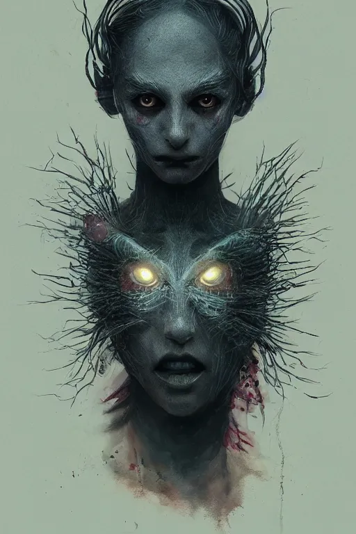 Image similar to A fancy portrait of a half women half spider creature by Greg Rutkowski, beeple, Sung Choi, Mitchell Mohrhauser, Maciej Kuciara, Johnson Ting, Maxim Verehin, Peter Konig, Bloodborne, 8k photorealistic, cinematic lighting, HD, high details, dramatic, dark atmosphere, trending on artstation