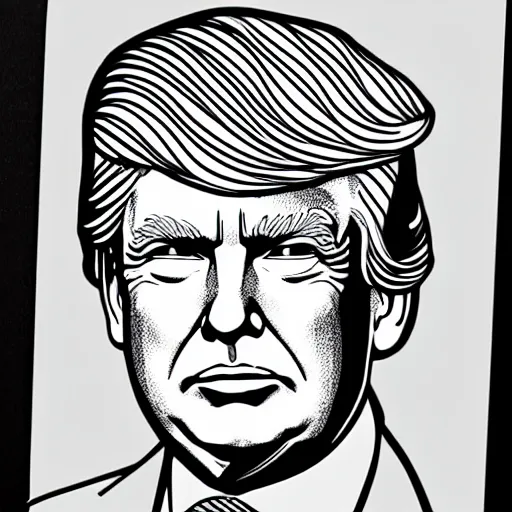 Prompt: Donald Trump coloring book page, black and white