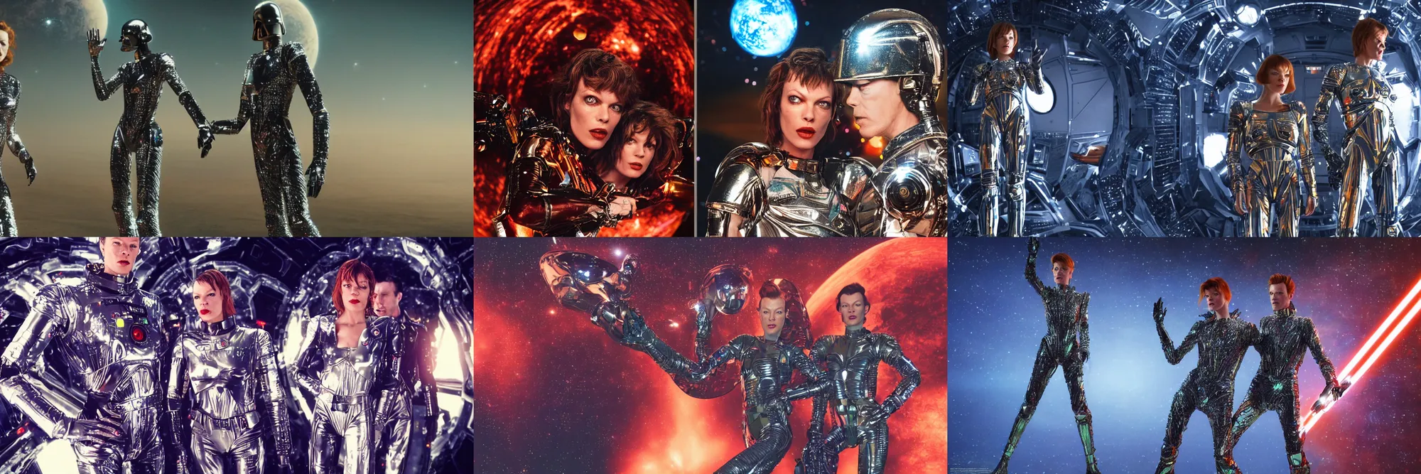 Prompt: milla jovovich and david bowie wearing a rocknroll glitzy glamour spacesuit, psychedelic, fractal sacred geometry, beautiful, heroic action pose, a friendly android, stunning alien landscape, cinematic, dramatic studio lighting, wide shot, in the style of kubrick, ridley scott, jodorowsky, dune, star wars, octane render 8 k