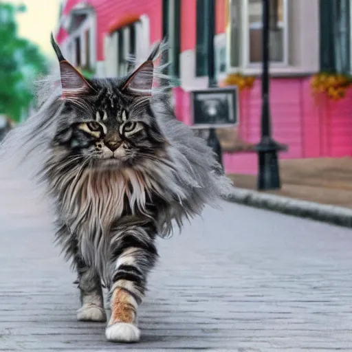 Image similar to a maine coon in maine walking down main street, 4 k, digital illustration,