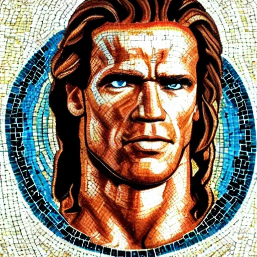 Image similar to ancient greek mosaic of arnold schwarzenegger in zelda movie