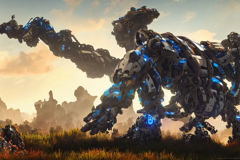 Image similar to stalker machine mecha animal beast robot of horizon forbidden west horizon zero dawn bioluminiscence global illumination ray tracing hdr fanart arstation by sung choi and eric pfeiffer and gabriel garza and casper konefal