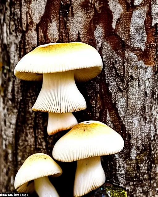 Image similar to a small family of conical oyster mushrooms is located on a rotten stump, which suspiciously reach for an unusual symbol on the wall depicting a dissected cross