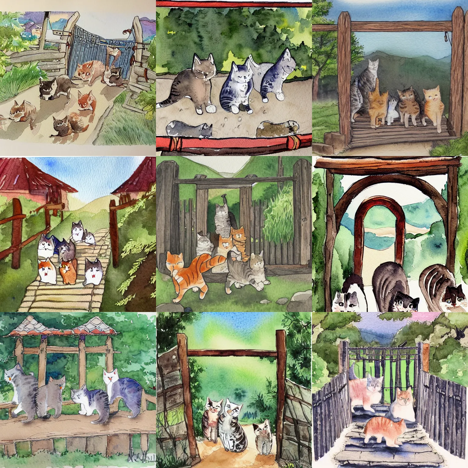 Prompt: a watercolor of a group of kitties going on a hiking adventure through a tori gate.