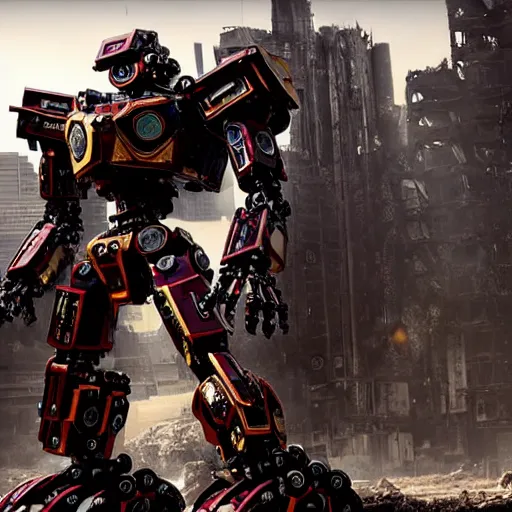 Image similar to a shiny ornate boxing humanoid mecha in ruin city, victory, bright, by war robots, real steel ( 2 0 1 1 ), westworld and eve venture and pacific rim and machine warrior 5, cryengine, frostbite 3 engine, scarlet and yellow scheme, sharp focus, 8 k, high definition, insanely detailed, soft lighting, smooth face