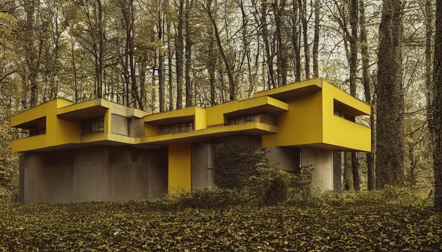 Prompt: architecture ad for a brutalist house in the middle of the wood. Film grain, cinematic, colorized, yellow hue.