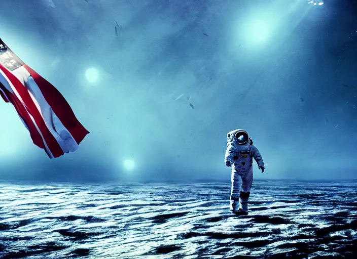 Image similar to astronaut holding a flag in an underwater desert. a submarine is visible in the distance. dark, concept art, cinematic, dramatic, atmospheric, 8 k, trending on artstation, blue, fish, low visibility, fog, ocean floor, christopher nolan, interstellar