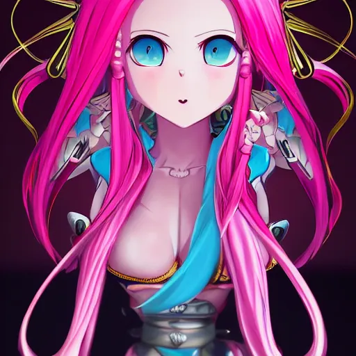 Image similar to stunningly beautiful omnipotent megalomaniacal anime goddess with porcelain skin, pink hair and mesmerizing cyan eyes, symmetrical perfect face smiling in a mischievous haughty way, mid view, hyperdetailed, 2 d, 8 k