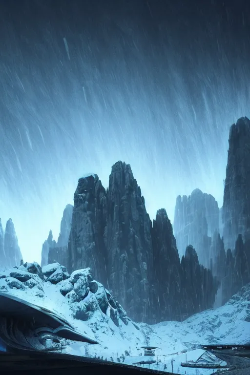 Image similar to futuristic atmosphere in the snowy craggy mountains dolomites 3 d concept art, neon lights, cinematic lighting, rule of thirds, depth of field, intricate details, building by zaha hadid, stormy weather, emissary space by arthur haas and bruce pennington and john schoenherr, cinematic matte painting, dark moody colors, trending on artstation, featured on behance