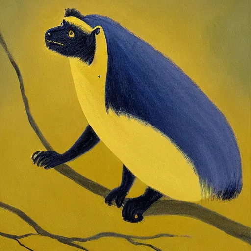 Prompt: long - eared monkey - crow creature wearing a raincoat, tonalist painting, indigo and azo yellow, dramatic lighting