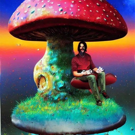 Prompt: Keanu Reeves sitting on a giant mushroom by paul lehr