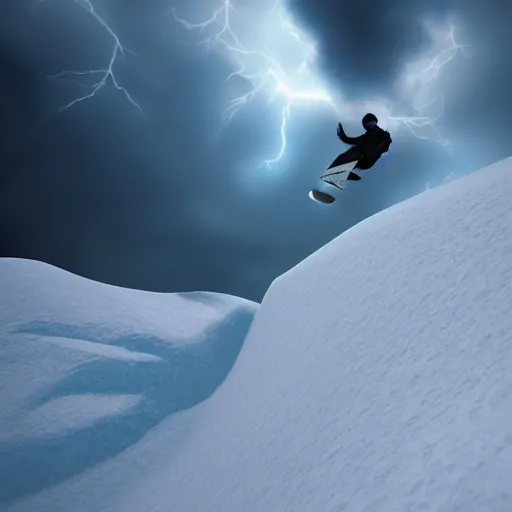 Image similar to jesus snowboarding on puffy volumetric clouds, volumetric illumination, dramatic lightning, 3 d, cinematic, 8 k