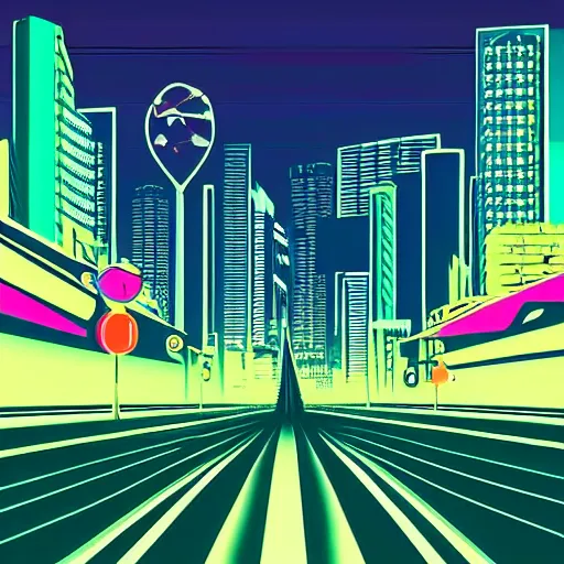 Image similar to car driving down a road towards a city. Neon punk. Vaporwave. 80s.