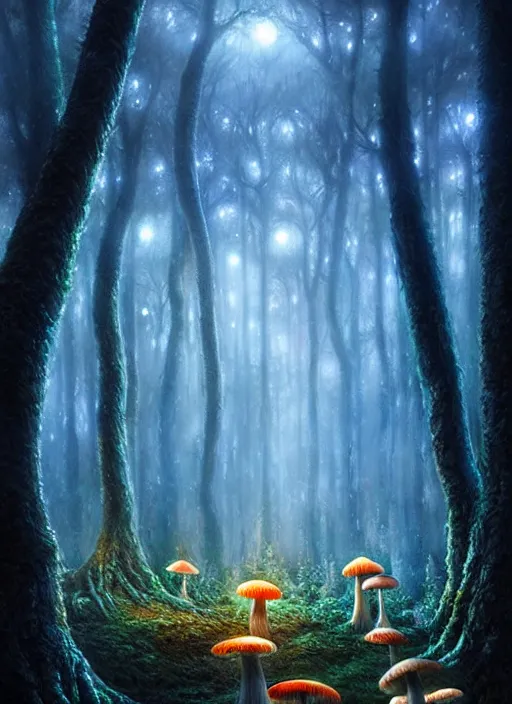 Image similar to an enchanted forest at night illuminated by glowing mushrooms, diffuse lighting, fantasy, intricate, surrealism!!!!, highly detailed, lifelike, photorealistic, digital painting, artstation, illustration, concept art, smooth, sharp focus, by greg rutkowski, chris tulloch mccabe, valentina remenar and asher duran,