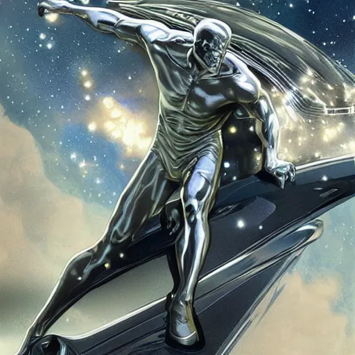 Image similar to silver surfer in space on top of a jdm car, intricate, elegant, highly detailed, digital painting, artstation, concept art, smooth, sharp focus, illustration, art by Krenz Cushart and Artem Demura and alphonse mucha