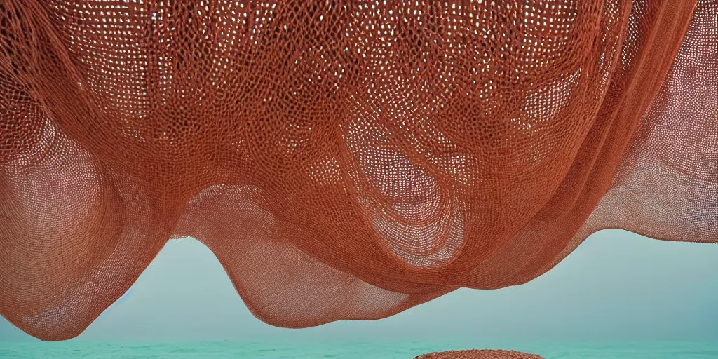 Prompt: soft biomorphic structures out of stocking - like material and nets that fills with various objects like spices, sand and shells by ernesto neto, dusty pink with light - mint color, film still from the movie directed by denis villeneuve with art direction by zdzisław beksinski, telephoto lens, shallow depth of field