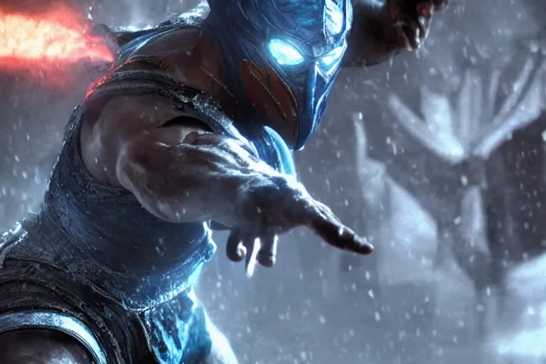 Image similar to vfx movie closeup, sub zero mortal kombat by emmanuel lubezki