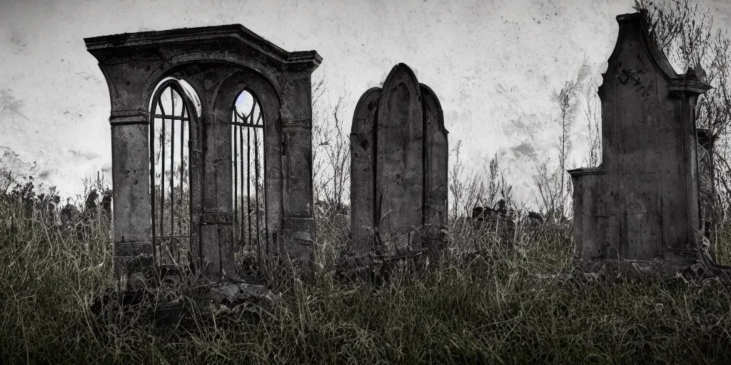 Prompt: a worn brick throne in a creepy overgrown graveyard at night, volumetric lighting