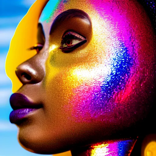 Image similar to portrait of iridescent metalic face, african woman, colorful reflections, proud, looking away, outdoor, blue sky, 8 k, realistic, depth of field, highly detailed, art photography