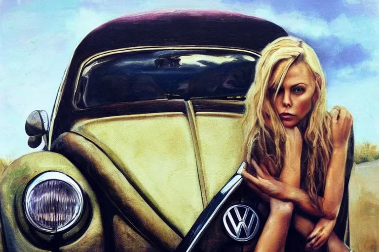 Prompt: beautiful charlize theron with long blonde hair locks holds over its head on its two hands old volkswagen beetle, oil on canvas, naturalism