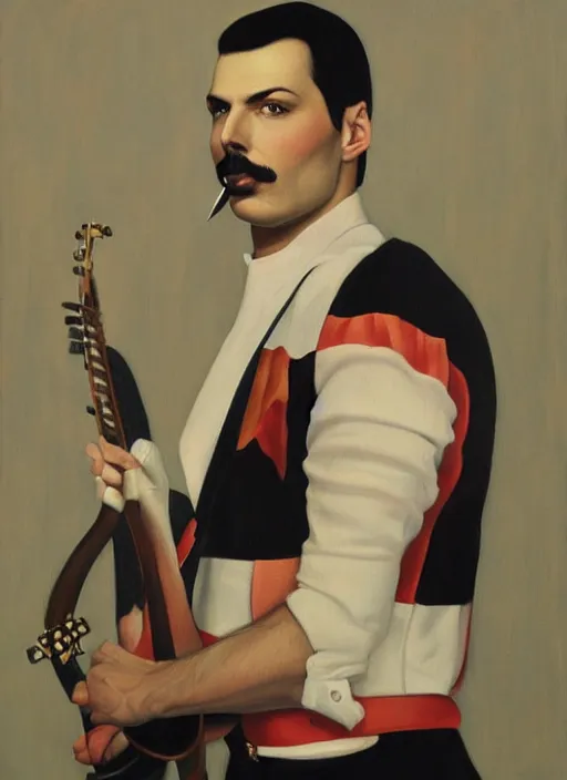 Prompt: a portrait painting of Freddie Mercury by John Currin