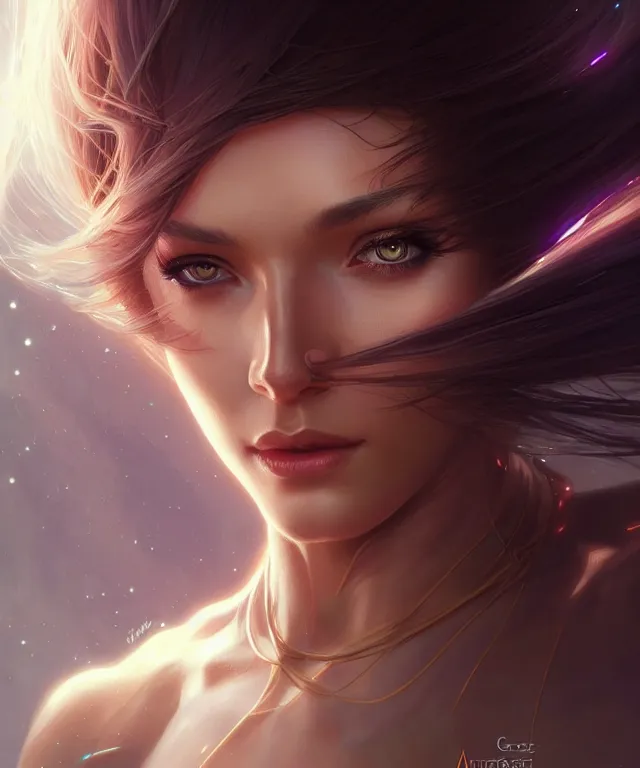 Image similar to futuristic woman portrait, sci-fi, amber eyes, face, long hair, fantasy, intricate, elegant, highly detailed, digital painting, artstation, concept art, smooth, sharp focus, illustration, art by artgerm and greg rutkowski and alphonse mucha