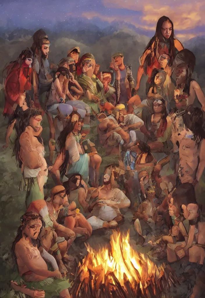 Image similar to realistic tribe gather around a bonfire with a pregnant woman as her leader, intense blue eyes, realistic, antartic night, aerial race