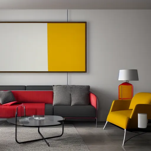 Image similar to interior of an apartment, modern minimal design, abstract painting as wallpaper texture, red, yellow, vivid colors, photorealist, 4 k