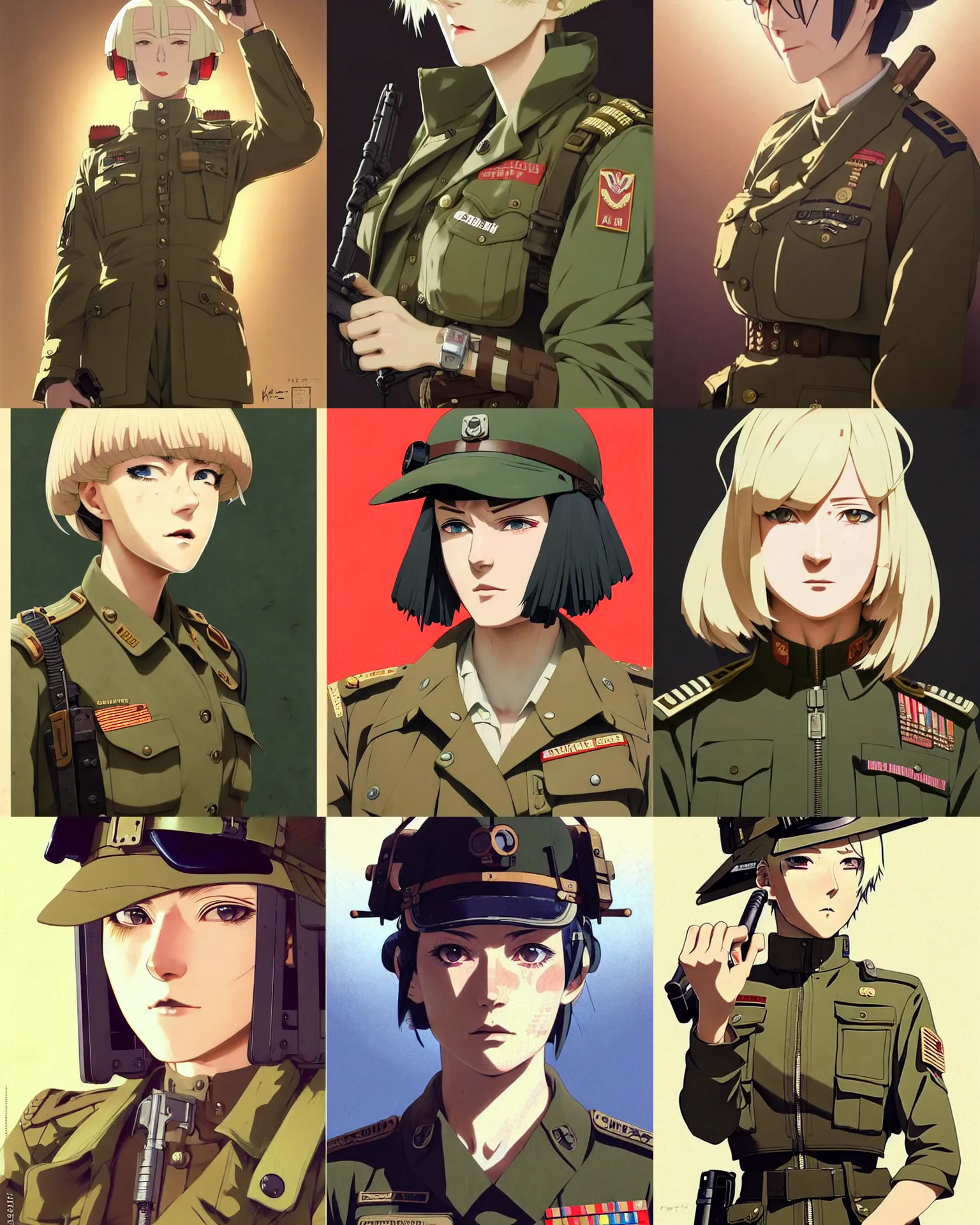 Prompt: An older dieselpunk woman in military fatigues || VERY VERY ANIME!!!, fine-face, blonde hair, realistic shaded Perfect face, fine details. Anime. realistic shaded lighting poster by Ilya Kuvshinov katsuhiro otomo ghost-in-the-shell, magali villeneuve, artgerm, Jeremy Lipkin and Michael Garmash and Rob Rey