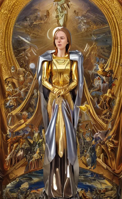 Image similar to mural of a young cyborg woman, beautiful royal gown, golden detailing, sci fi weapon, reaching towards the heavens, sci fi world, highly detailed holy imagery, renaissance mural, mural in the style of sandro boticceli