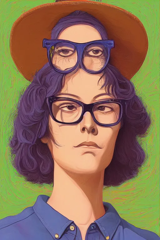 Prompt: an original jean giraud digital art painting of a portrait of a female hipster millennial, flannel, thick - rimmed glasses