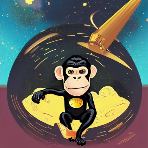 Prompt: portrait of a straight forward looking Chimpanzee in black spacesuit with golden elements, by Skottie Young and WLOP