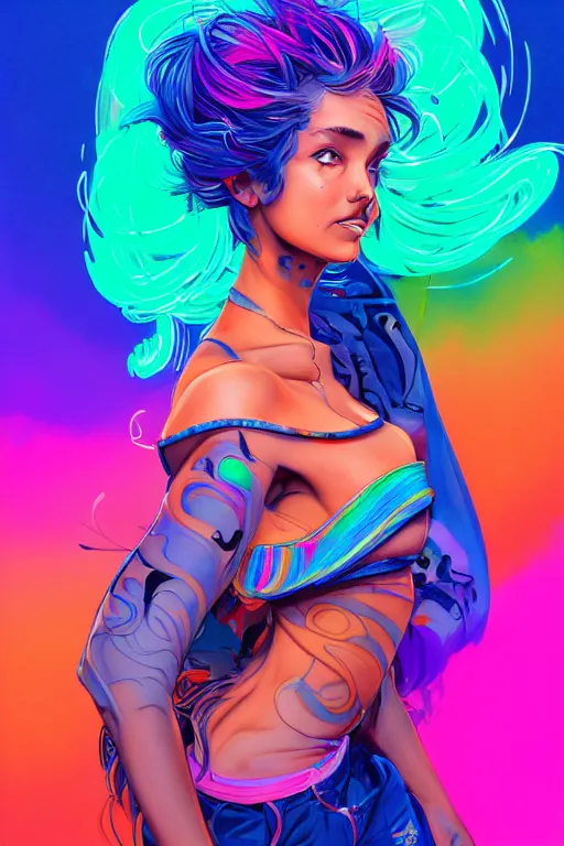 Image similar to a award winning portrait of a beautiful woman with stunning eyes in a one off shoulder croptop and cargo pants with rainbow colored hair, outlined by whirling illuminated neon lines and fine lines swirling in circles by jesper ejsing and rhads and makoto and shinkai and lois van baarle, digital art, trending on artstation