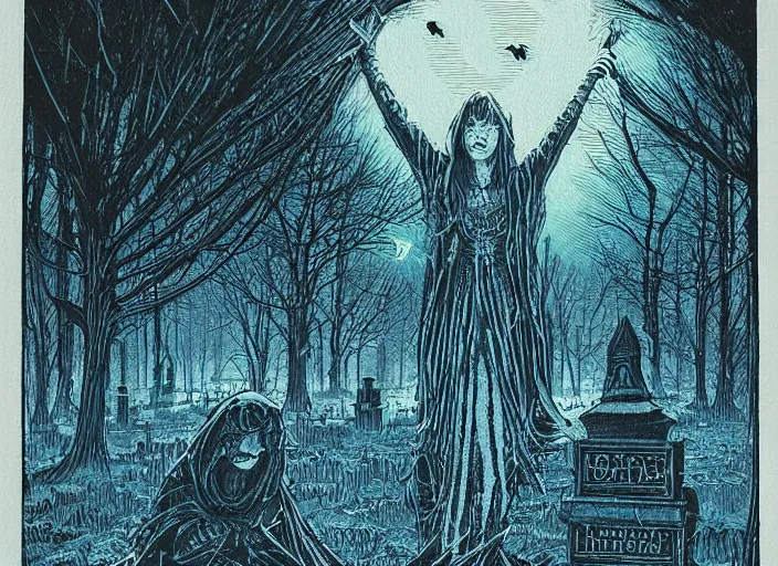 Image similar to blue woodcut print, halloween witch in graveyard at midnight by greg rutkowski, fine details, highly detailed