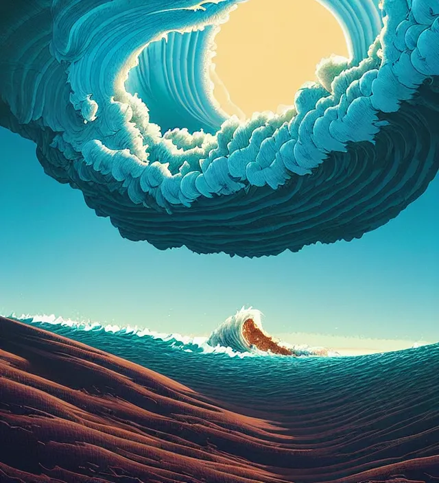 Prompt: a giant ocean wave swirling in the sky above a barren desert by ivan shishkin and zacharias aagaard and simon stalenhag and dan mumford and josan gonzalez, surrealism, hyper detailed, vibrant, high contrast, desaturated, retrowave