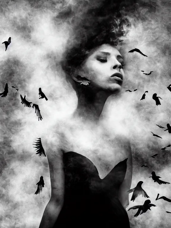 Image similar to portrait of iconic beautiful woman in sophisticated black dress keeping in hands white birds that flying apart turning to smoke and fire and dust. chaotic maximalistic surreal composition, 35mm double-exposure photo, thick fog, daylight, deep shadows, depth of field, cinematic lightning, wide angel, eerie atmosphere, motion blur, HD, smooth and very detailed quality, masterpiece, volumetric lightning, chromatic aberration, Richard Avedon, style of Ade Santora, Tatiana Gorilovsky, cinematic composition, occult, german expressionism, masterpiece, intricate detailed, deep rich palette, wide angel shot