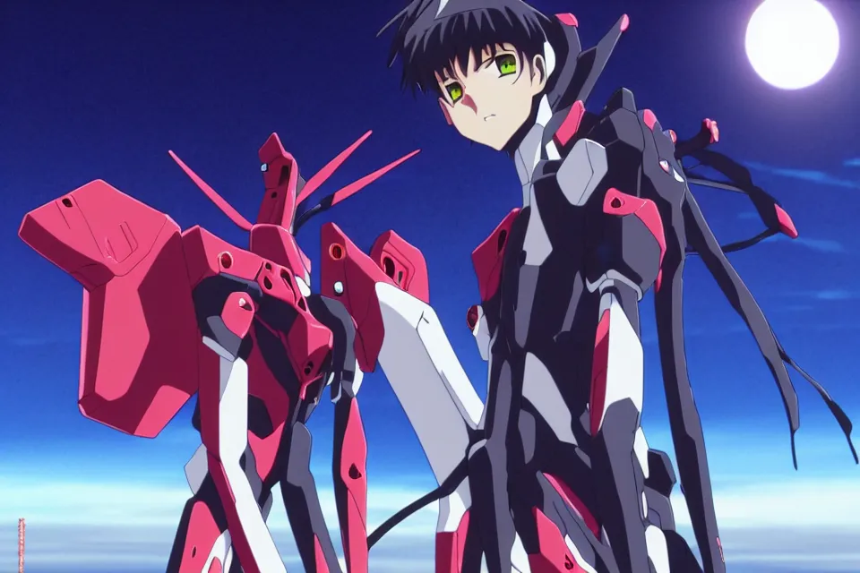 Image similar to anime illustration of black detailed evangelion eva - 0 1 standing menacingly behind ikari shinji copying his pose, cinematic lighting, evangelion anime poster, rebuild of evangelion 1 0 8 0 p, 9 0 s anime aesthetic, volumetric lights, rule of thirds, unreal engine render, pinterest wallpaper, trending on artstation