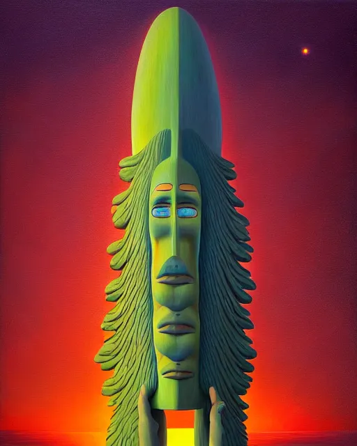 Prompt: a painting of randy manzo totem pole, a surrealist painting by Naoto Hattori, sunset, by Beeple, symmetry, by Makoto Shinkai and Lois van baarle, trending on deviantart, pop surrealism, lowbrow,, whimsical