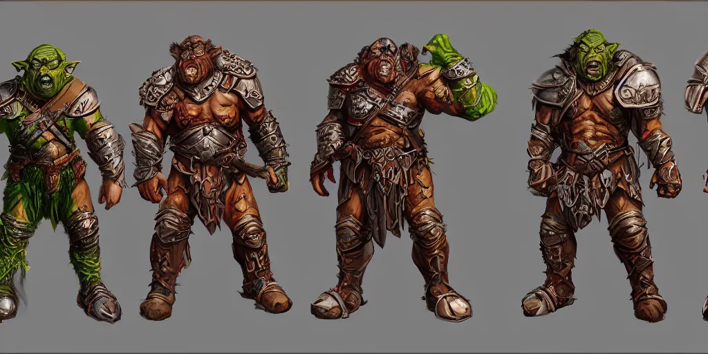 Image similar to different views of orcs in armour, colourful intricate! concept art by senior character artist, trending on artstation, artstation hd, full body character render