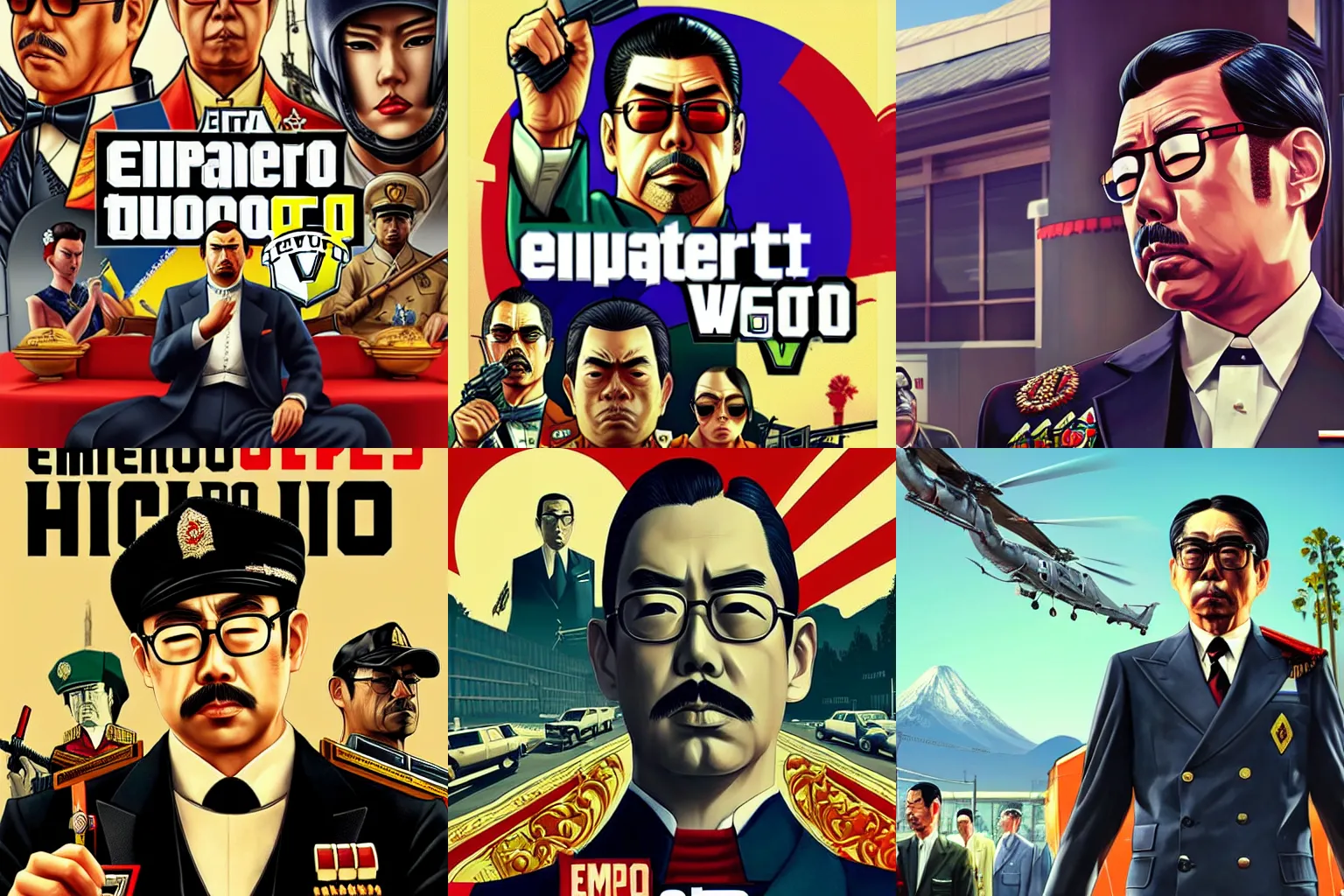 Prompt: Emperor Hirohito in Grand Theft Auto 5 cover art, epic, 4k resolution, extremely detailed, very sharp, artstation, digital art, vibrant,