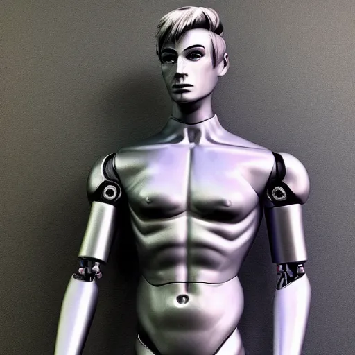 Image similar to “a realistic detailed photo of a guy who is an attractive humanoid who is half robot and half humanoid, who is a male android, twitch streamer Ninja Tyler Blevins, shiny skin, posing like a statue, blank stare”