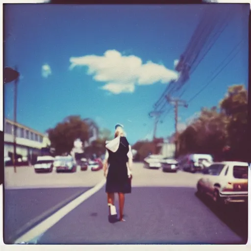 Image similar to colorful instant photograph of a woman in the middle of the street, polaroid, light leak, raw, nostalgic, daylight, blue sky, clouds