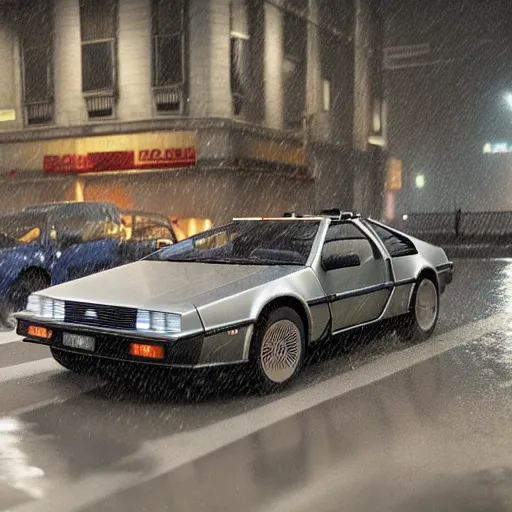 Image similar to hyperdetailed, photorealistic photograph of a dmc 1 2 delorean driving in the streets, rain, night, dense fog, hd, unreal engine 5