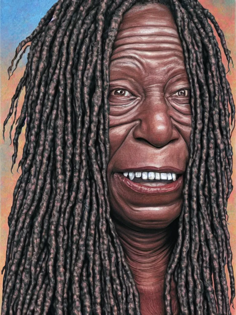 Image similar to portrait of whoopi goldberg, by visionary artist alex grey, painting, hyper realistic, super detailed, high resolution