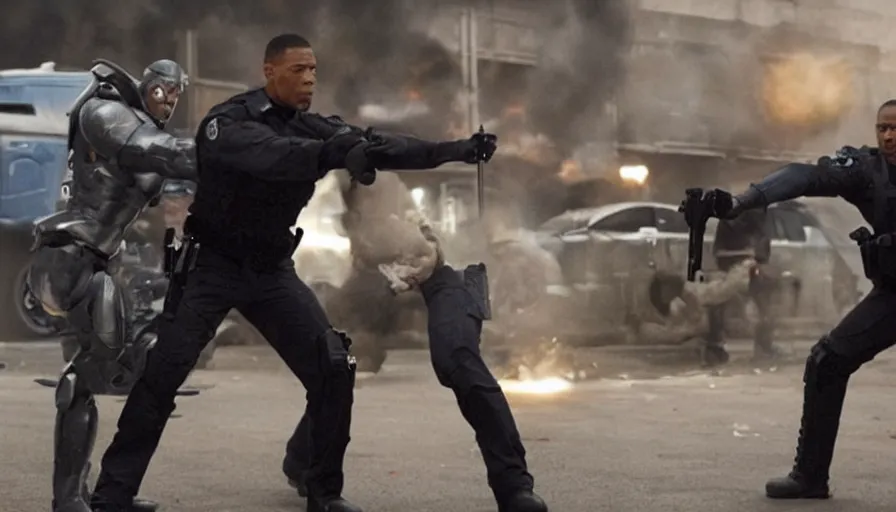 Image similar to big budget action movie about cyborg fighting a policeman