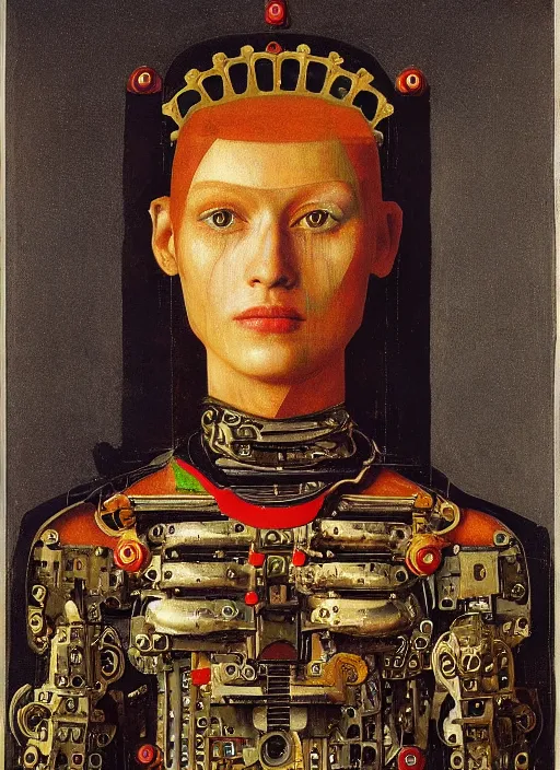 Image similar to a portrait of cyborg queen jacked into a man-machine interface by Jan van Eyck