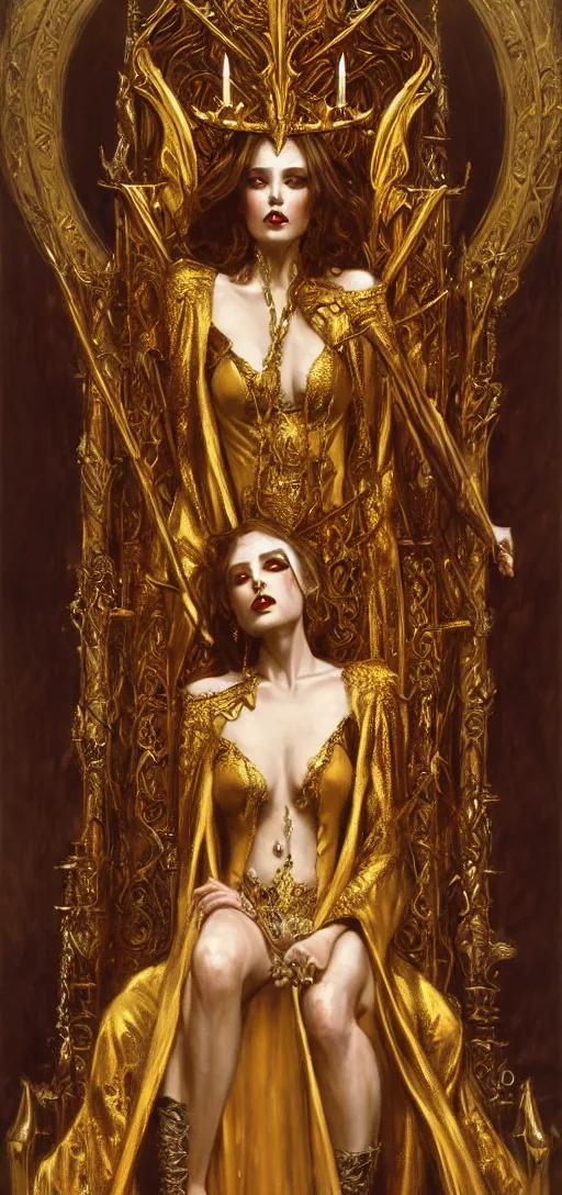 Image similar to full body portrait of beautiful vampire queen in gold gothic robes sitting on a throne of bones, elegant, highly detailed painting by gaston bussiere, craig mullins, j. c. leyendecker, 8 k, mid shot