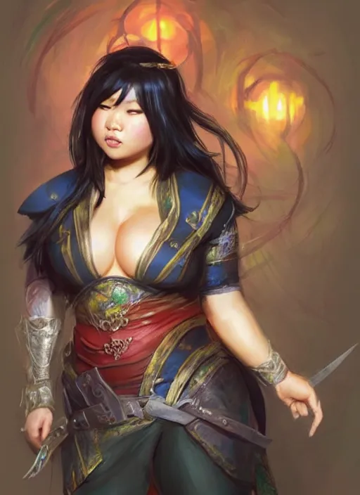 Image similar to slightly chubby asian with medium black parted hair, dndbeyond, bright, colourful, realistic, dnd character portrait, full body, pathfinder, pinterest, art by ralph horsley, dnd, rpg, lotr game design fanart by concept art, behance hd, artstation, deviantart, hdr render in unreal engine 5