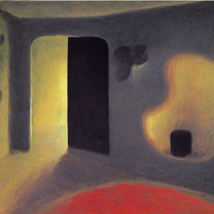 Image similar to the giant boulder, dark obsidian rock of ages filling up the interior of home. high contrast, psichedelic colors. painting by monet, hammershoi, agnes pelton, mark rothko